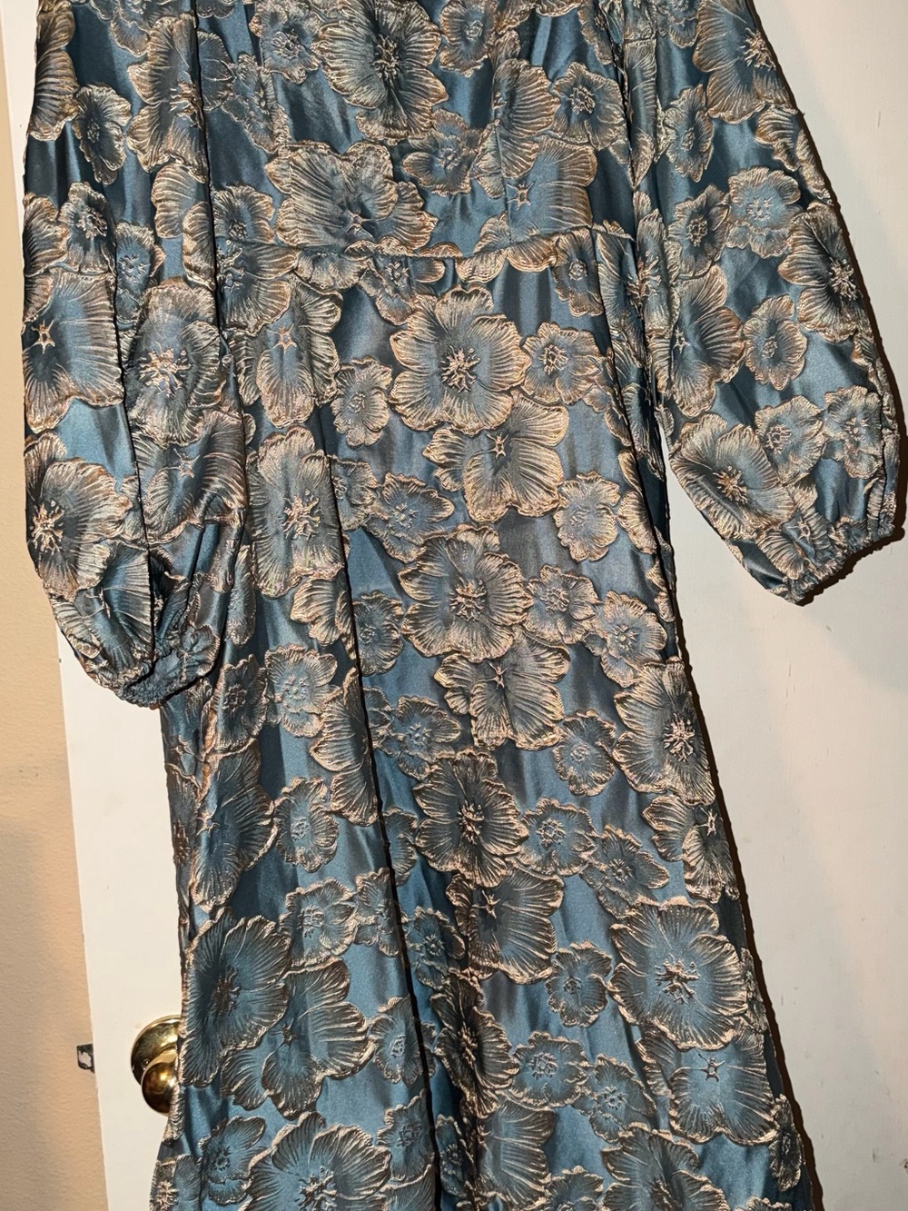 Floral Jacquard Midi Dress in Steel Blue and Champagne
